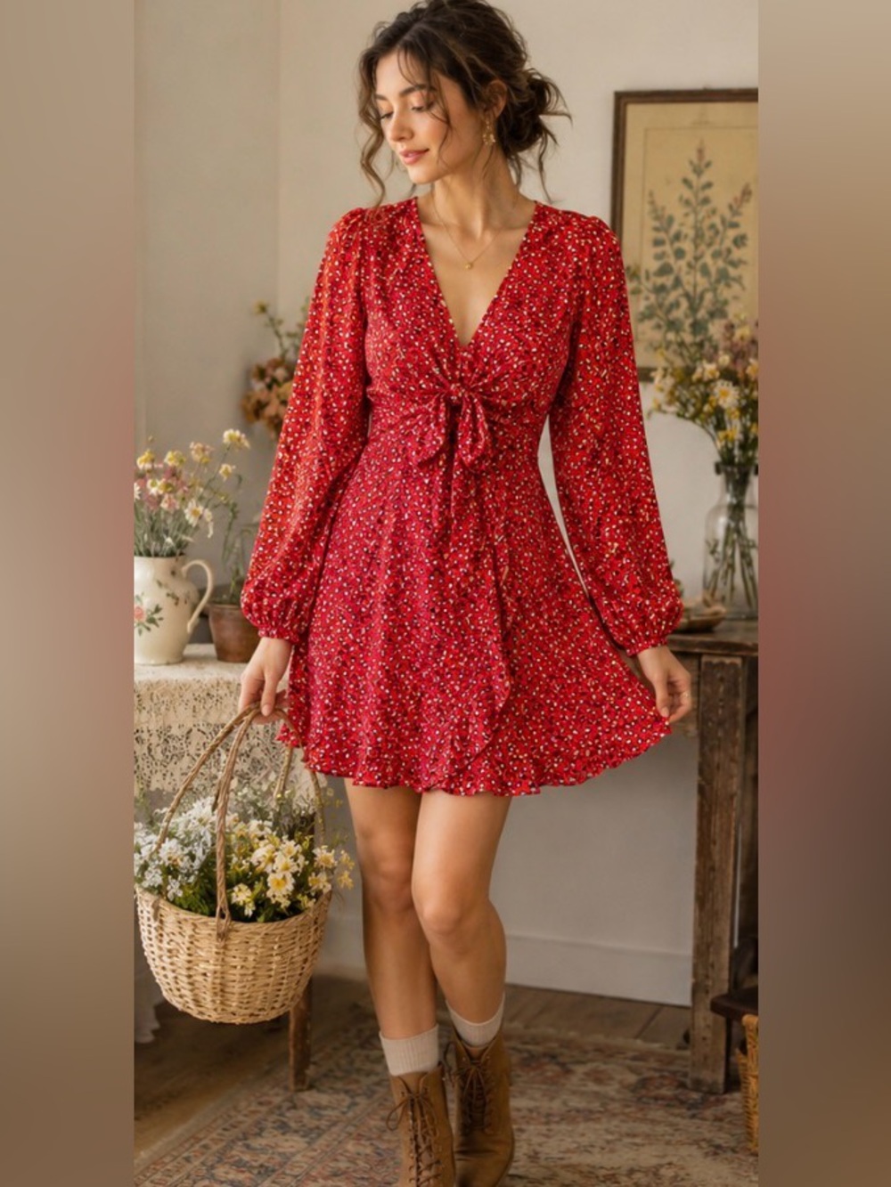 Free People XS Red Floral Tie Front Mini Dress Boho Long Sleeve 100% Viscose